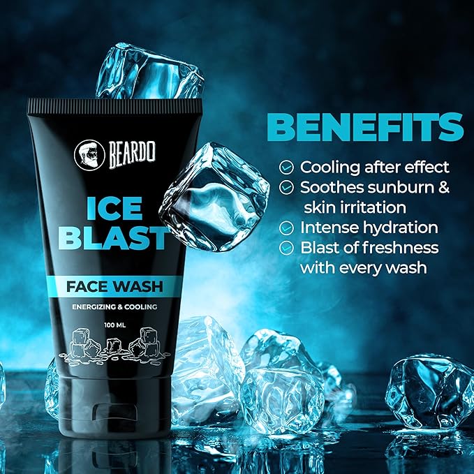 BEARDO Ice Blast Cooling Facewash for Men, 100 ml | INSTANT Icy freshness | Aloe Vera Face wash, Vitamin E & Menthol for cool lock technology | Refreshing & Hydrating facewash