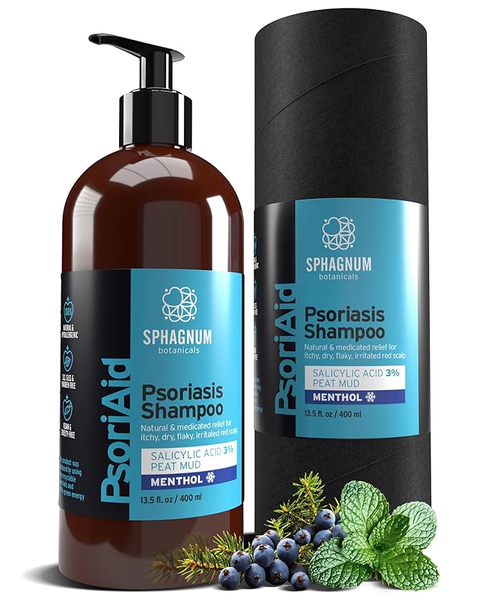 Sphagnum Botanicals Psoriasis Shampoo with Salicylic Acid - Natural Scalp Support for Dry, Itchy, Flaky Scalp with Menthol & Peat Mud – Sulfate-Free, Gentle Formula – 13.5 fl oz