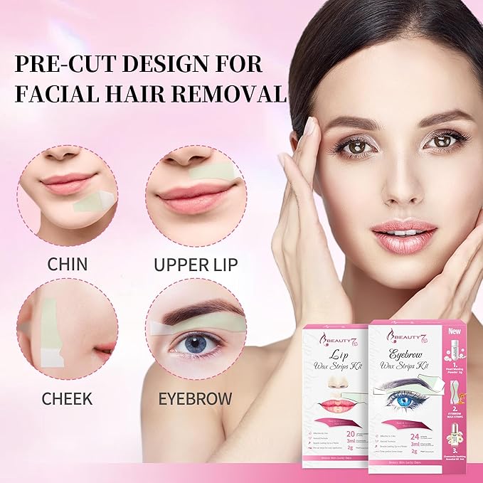 Beauty7 Wax Strips Kit, 2 SETS IN ONE PACKAGE. Eyebrow & Lip Facial Hair Removal with Pearl Powder Essential Oil for All Skin Types Women