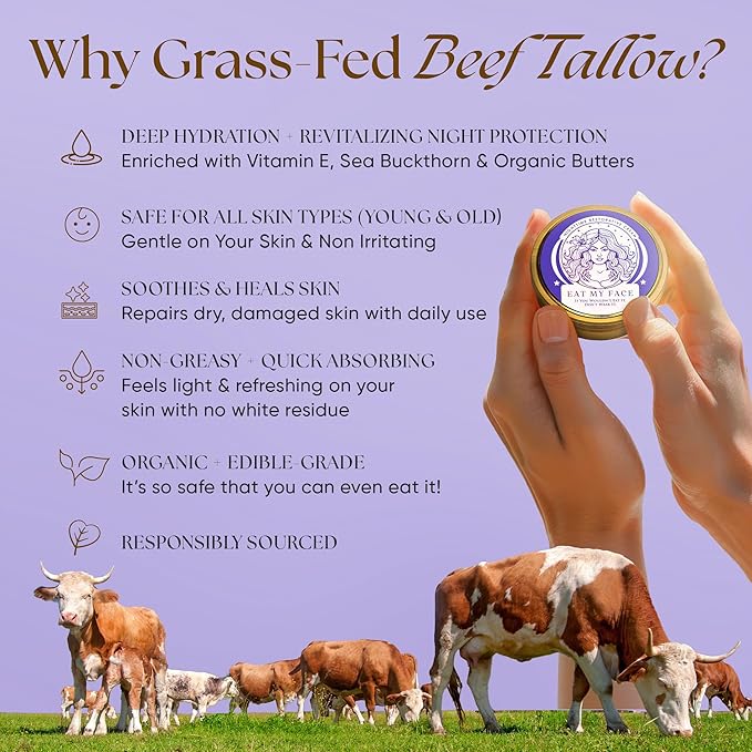 Eat My Face Grass Fed Tallow Night Cream for Face – Hydrating Anti Wrinkle Cream for Face with Shea Butter, Cocoa Butter & Vitamin E | Anti Aging Men & Women Restorative Night Moisturizer, 4.0 fl oz