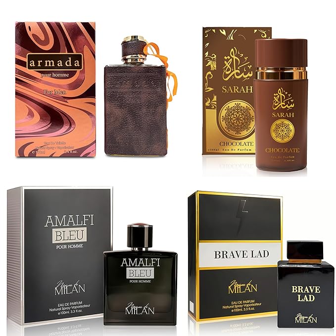 Men's Cologne Gift Set of 4(MilanAmalfi&BraveL&SarahCho&ArmadaM) - 3.4 Fl Oz Each | Vanilla Bourbon, Leather & Amber Floral Fragrance | Luxury Eau de Toilette Quartet
