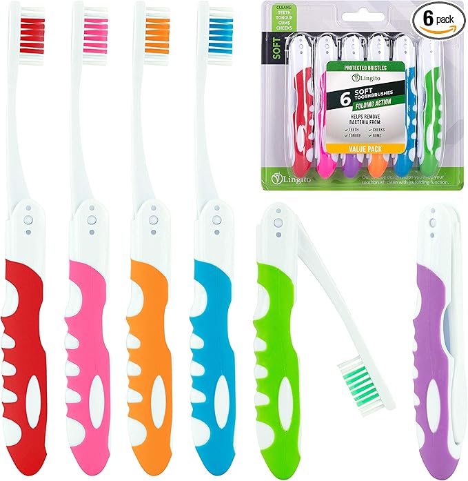 Portable Folding Toothbrush Kit - Built-in Cover, Collapsible, Multi-color (6 Pack Soft-Multicolor)