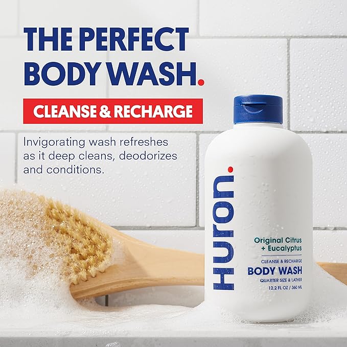 Huron Body Wash Scent Duo - Citrus + Eucalyptus & Sandalwood + Black Pepper Scents - Men’s Body Wash - Made With Coconut Oil, Vitamin E & Witch Hazel - Vegan, Cruelty-Free - 2 Pack, 12.2 fl oz