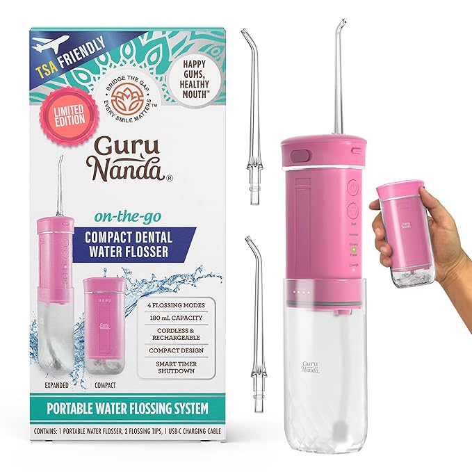 GuruNanda Compact Water Dental Flosser, Portable Travel Size Oral Irrigator Flosser with Collapsible 180 ml Tank, Smart Timer, 4 Flossing Modes, TSA-Friendly - Pink