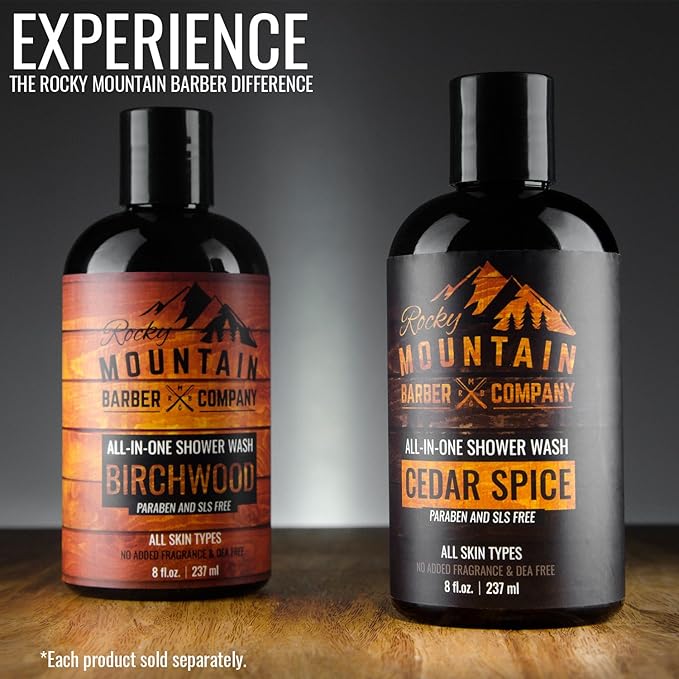 Rocky Mountain Barber Company Cedar Spice All-In-One Body Wash – Shampoo, Body Wash, Conditioner, Face Wash & Beard Wash with Essential Oils - 8 oz