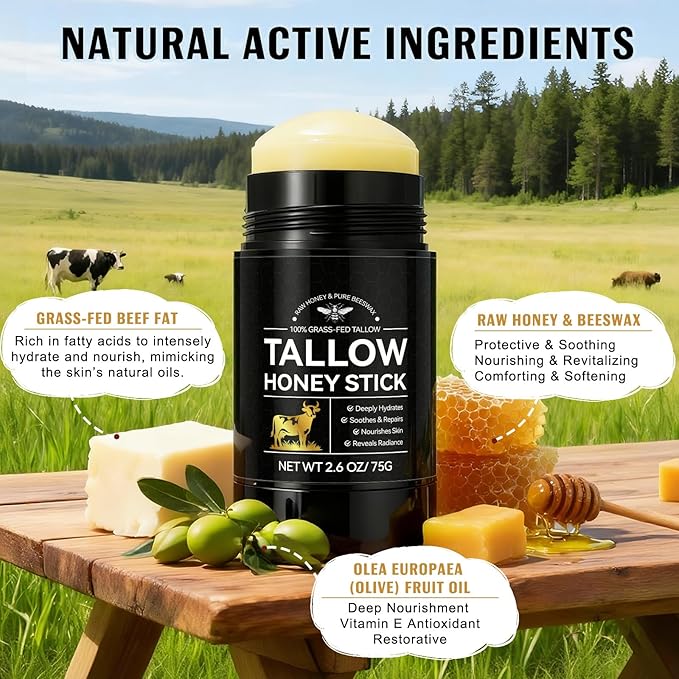 Beef Tallow for Skin, Organic Beef Tallow Balm Stick, 100% Grass-Fed Honey & Beeswax, Deep Hydration For Dry & Aging Skin, Natural Barrier, Nourishing Moisturizer, 2.6oz