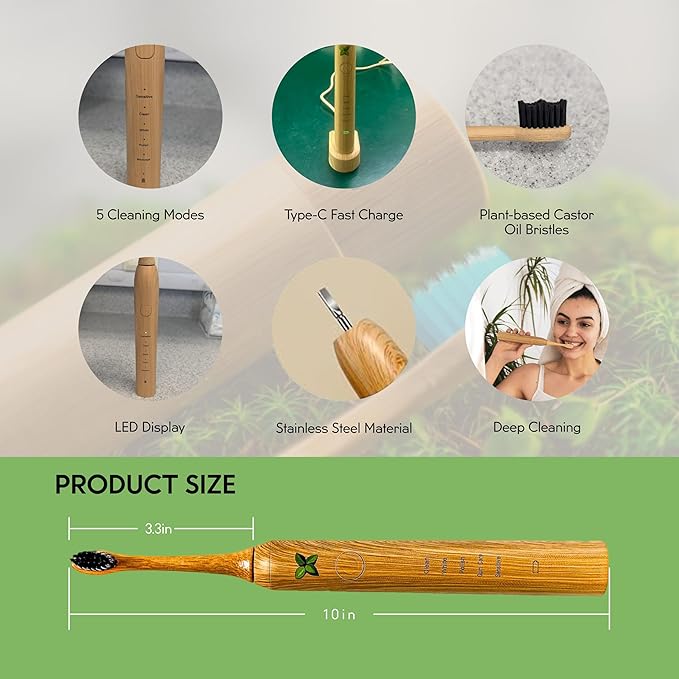 Rechargeable Electric Toothbrush, Soft Bristle Adult Oral Care with 3 Bamboo Replacement Heads, Electric Toothbrush for Adults, Sustainable Rechargeable Dental Hygiene