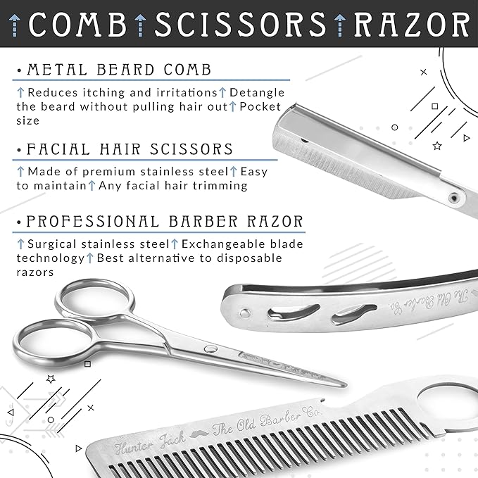 Straight Razor Kit - Complete Straight Razors for Men Kit with Beard Scissors & Metal Comb - Barber Razor for Men - 10 Extra Straight Edge Razor Blades for Shaving - Premium Polished Stainless Steel