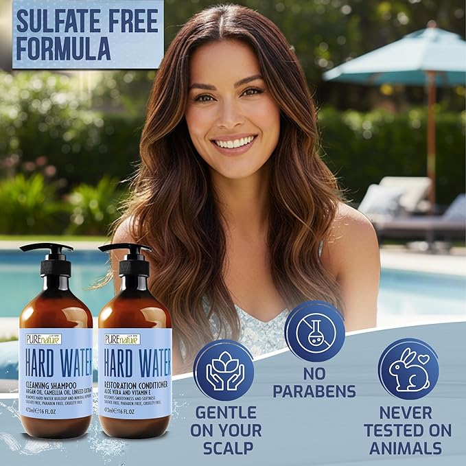 Hard Water Shampoo and Conditioner Set - Sulfate Free and Paraben Free Chelating Action - Moisturizing Professional Formula for Women and Men - Hydrating Swim Safe Formula - 16 Fl Oz (Set of 2)