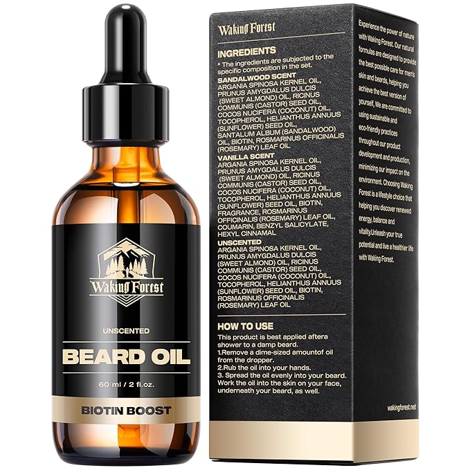 Waking Forest Beard Oil for Men 60 ml - Unscented Biotin Mustache Oil with Vitamin E, Rosemary & Castor - Beard Care Softener, Strengthens, and Moisturizes - Beard Conditioner (2 oz)