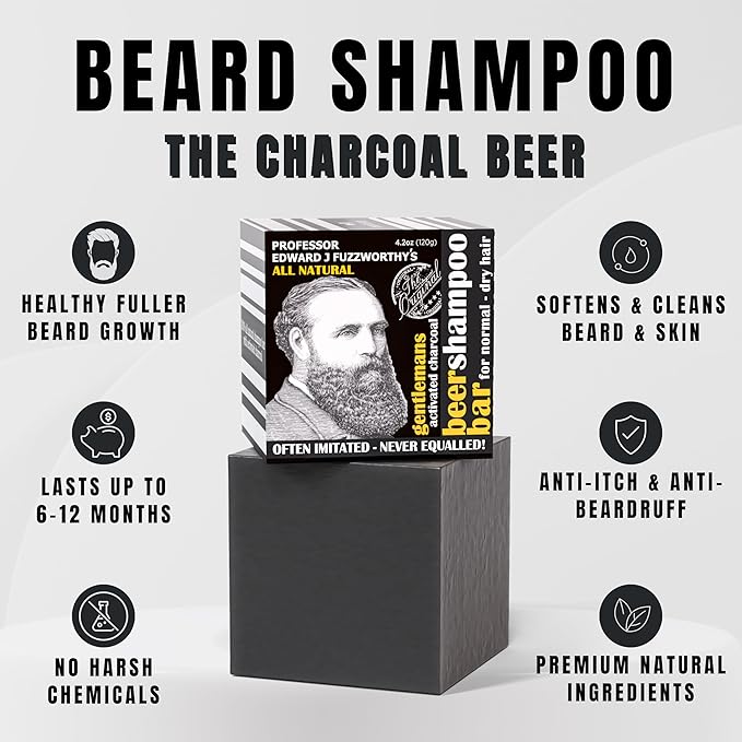 Professor Fuzzworthy's Gentlemen's Activated Charcoal & Beer Beard Hair Shampoo Bar for Normal, Dry, Oily Hair, 4.2 Ounce