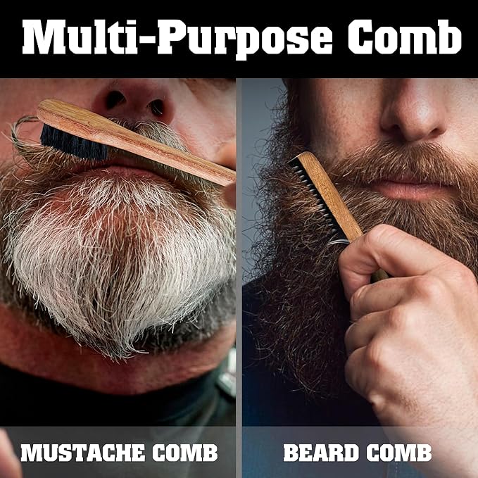 2-in-1 Beard Comb & Brush - Mustache & Beard Comb for Men. Handcrafted from Solid Wood, Buffalo Horn, and Cow Tail Hair. Comes in a Box, Perfect for Gifting.