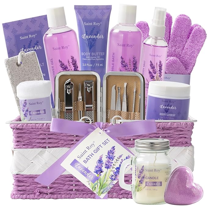 Large Spa kit for women gift set, 20 PCS Spa Gift Baskets Christmas Gifts for Women Bath Kit with Lavender gifts spa gift set Basket, Luxury Self Care Home Spa Kit Lavender Bath Gift Basket