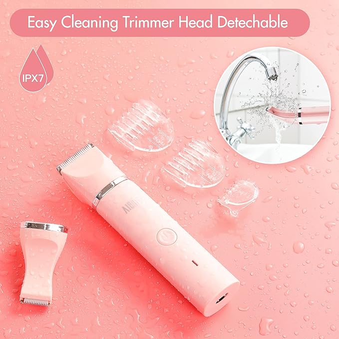 Electric Bikini Trimmer for Women - 2 in 1 Electric Lady Pubic Hair Groomer Painless Hair Removal Razor Body Shaver, Portable Ladies Shaver with 2 Trimmer Heads, IPX7 Waterproof