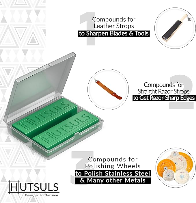 Hutsuls Knife Stropping Compound With Case - (2-Pack, 5 Oz Total) for Razor-Sharp Edges, Green Buffing Bars Easy to Use With Leather Strop Guide