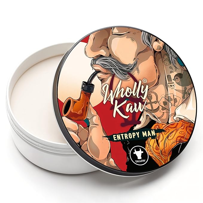 Entropy Man Tallow Shaving Soap. Enriched with Donkey Milk, Water Buffalo Milk, Whey Proteins, Omega 3, Omega 6, Hops Extract. Tobacco, Leather, Plum, Rum, Hay