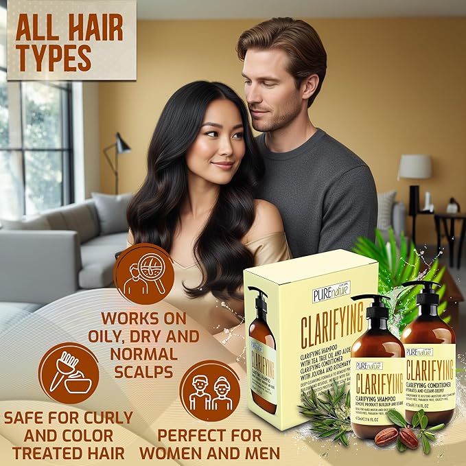 Clarifying Shampoo and Conditioner Set - Sulfate Free Hair Care Products for Women and Men - Deep Cleansing for Oily Scalp - Ideal for Swimmers - 16 Fl Oz (Set of 2)