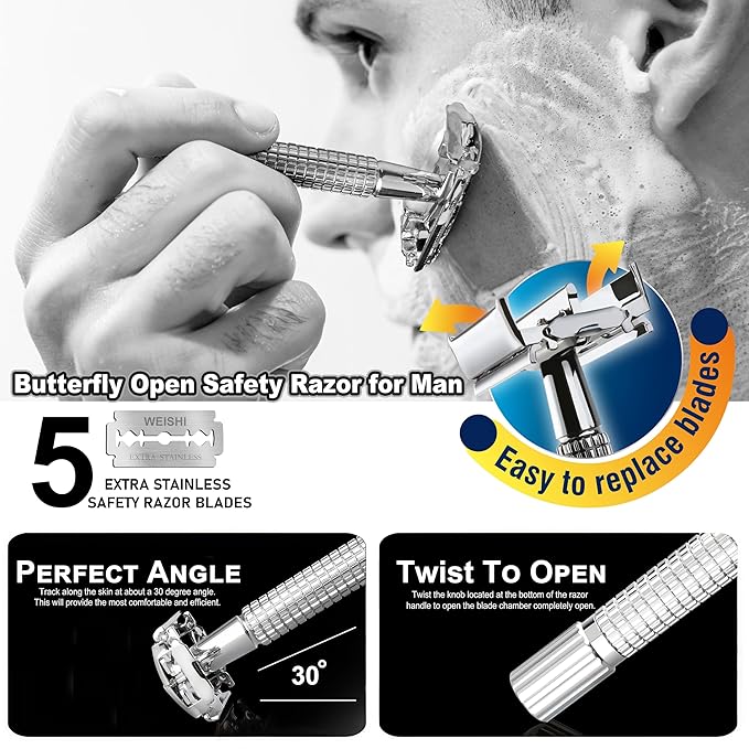 WEISHI Butterfly Open Double Edge Safety Razor for Men, Chrome Long Handle with 5 Stainless Razor Blades Included, Reusable Wet Shave Tool for Smooth, Close Shave