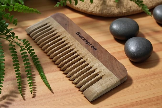 Natural Neem Wood Comb Set of 2 (Plain & Shampoo Lily) | Wide & Fine Tooth Wooden Hair Pick Comb Set for Men & Women | Eco-Friendly, Plastic-Free Wooden Combs for Daily Grooming | Curly & Texted