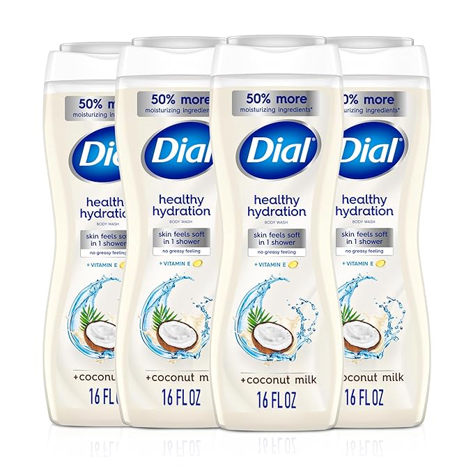 Dial Body Wash, Healthy Hydration, Coconut Milk + Vitamin E, 16 fl oz (Pack of 4), Gentle, Leaves Skin Feeling Soft In 1 Shower, Dermatologist-Tested, No Parabens & Silicones