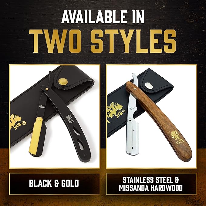 The Cambridge Cutthroat® Cut Throat Razor Kit with Blades & Travel Pouch - Black & Gold Stainless Steel Professional Barber Shaver Men - Straight Edge Moustache & Beard Shaper