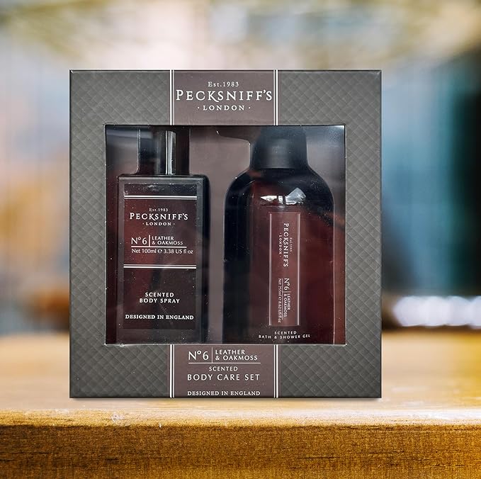 Pecksniff’s Men’s Body Duo Set – Leather & Oakmoss Scented Bath & Shower Gel 250ml & Body Spray 100ml – Luxury Grooming Gift Set for Him