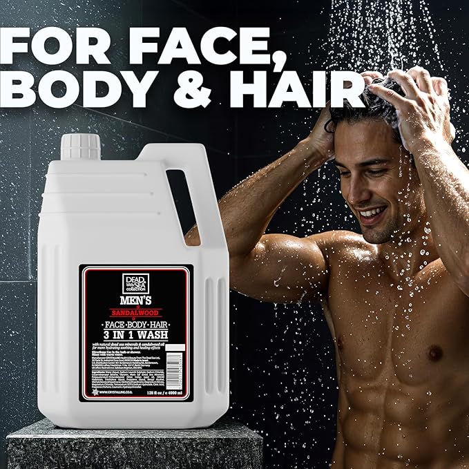 Dead Sea Collection Mens Body Wash 3 in 1 – Sandalwood Oil Body Wash with Dead Sea Minerals for Men – Bulk Shower Gel – Shampoo – Refill Shower Soap for Face and Hair (128 fl. oz)