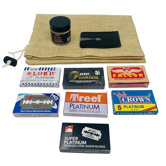 Gents Double Edge Safety Razor Blade Collection Variety Pack 50 Count – Platinum Double Edge Blades Fits All Razors + Styptic Powder Stops Bleeding + Leather Razor Sleeve – Men’s Wet Shaving