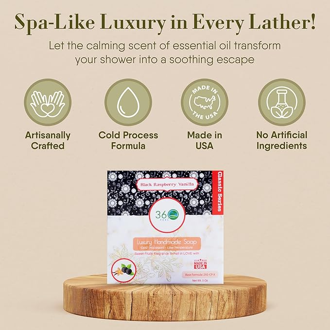 360Feel Black Raspberry Soap - Made in the USA - Castile Handmade, All-Natural Cold-Processed - Infused with Black Raspberry for an Uplifting Aroma, Moisturizing Care & Creamy Rich Lather (5 oz)