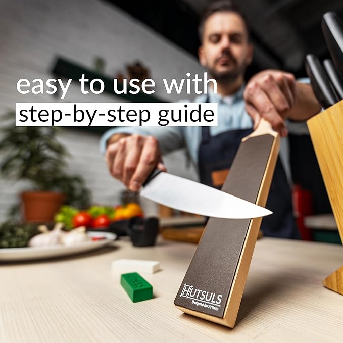 Hutsuls Leather Strop for Knife Sharpening - Top-Tier Double Sided Knife Stropping Kit with White & Green Paddle Strop Compound, Easy to Use Sharpener Leather Knife Strop Kit for Razor Sharp Edges