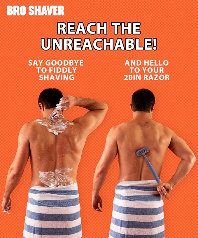 BroShaver 3.0, DIY Back & Body Hair Trimmer - Wet or Dry Shave for Men. Split Handle Razor with Ergonomic Grip