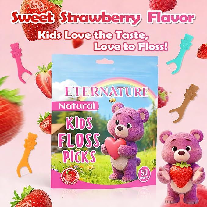Kids Flossers 100ct, Dental Kids Floss Picks, Biodegradable Heart Bear Flossers, Fluoride & PFA Free, Gifts for Toddlers Teeth, Flossing Sticks for Kids, No Shred Thread, Strawberry Flavored