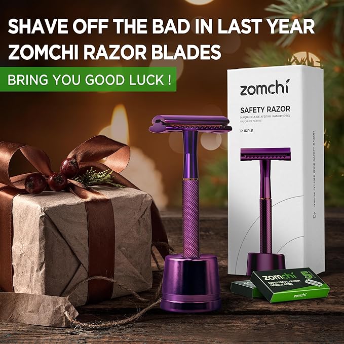 ZOMCHI Double Edge Safety Razor with Stand, Safety Shaving Razor with 10 Double Edge Safety Razor Blades, Eco-Friendly Razor for Shaving – Purple
