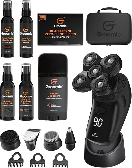 Groomie Mens Grooming Bundle - BaldiePro Electric Head Shaver for Bald Men Includes Travel Case, Charging Dock & Accessory Kit - Deodorant, Scalp & Face Serum, Shave Gel, Aftershave, Pre-Shave Oil