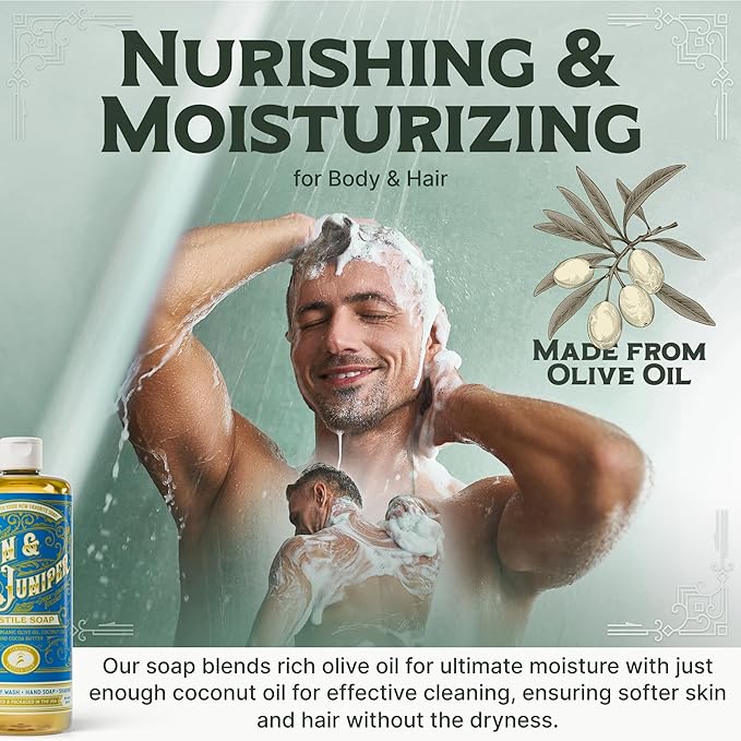 Carolina Castile Soap Gin & Juniper Scented – Certified Organic Base, High Olive Oil Content, Non-Drying, Made with Organic Oils, Concentrated Body Wash for Men (Gin & Juniper, 1 Gallon)