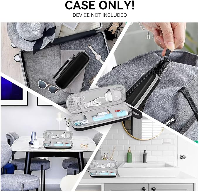 Travel Case for Oral-B/Oral-B Pro/Phlips Sonicare Electric Toothbrush with 2pcs Toothbrush Heads Cover Cap, Portable Hard Protective Storage Bag with Accessories Storage (Black)