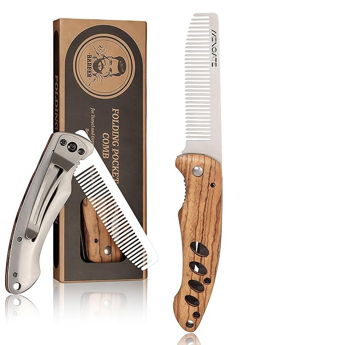 1PC Small Folding Pocket Beard & Mustache & Hair Styling Comb for Men - Metal Tactical Grooming Tool with Wooden Handle, with 180° Rotatable for Outdoor Travel & Home Use - Length 6.57inch