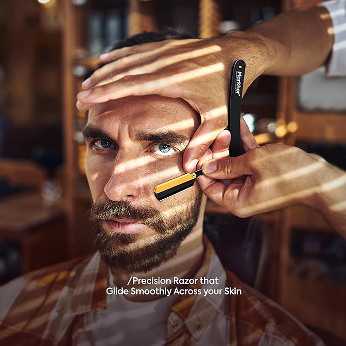 Markhor® Straight Razors for Men with 100 Single Edge Razor Blades | Matte Black with 24k Gold Platted Barber Straight Razor | Straight Edge Razor | Barber Razor Blade | Navajas Para Barbero