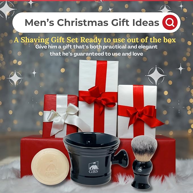G.B.S GENTS Men’s Wet Shaving Kit - Complete 4-Piece Set with Heavy Duty Ceramic Bowl, Synthetic Shave Brush, Stand & Natural Shea Butter Lather Soap (Black)
