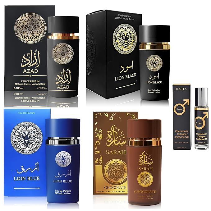Men's Cologne Gift Set - Variety Pack of 4 Long Lasting Fragrances with 10ml Pheromone Cologne (AZAD Black/Lion Black/Lion blue/Sarah Chocolate)