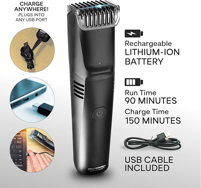 Bell+Howell Vacutrim Cordless Body Shaver for Men, Rechargeable Grooming Tool with 20 Trim Settings, Integrated Vacuum System - Black, 7.5", As Seen On TV