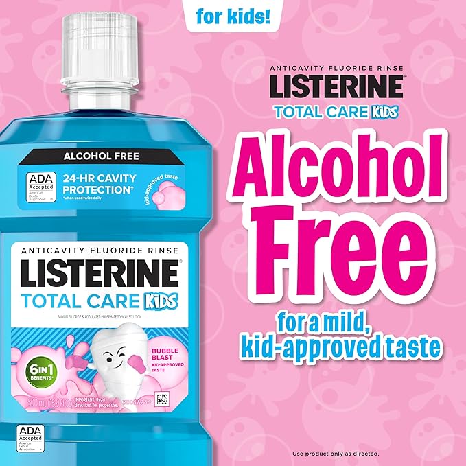 Listerine Total Care Kids Mouthwash, ADA Accepted, Alcohol-Free Anticavity Fluoride Mouthwash, Children's Mouthwash for Cavity Protection and Fresh Breath, Bubblegum Flavor, 500 mL, Pack of 3