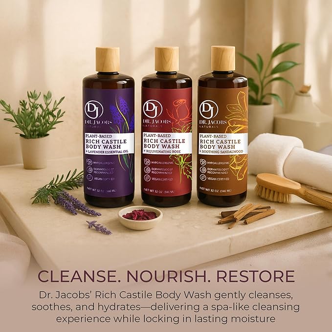 Dr. Jacobs Naturals Pure Castile Soap Liquid Body Wash, Rose - Plant Based Body Soap Infused with Vitamin E and Aloe Vera to Moisturize Dry and Sensitive Skin - Made in The USA - 32 oz, Pack of 3