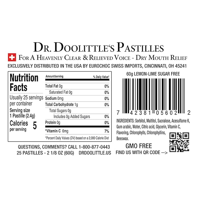 DOOLITTLE Dr Sugar Free Soft Fruit Pastilles for Voice and Throat, Lemon Lime Flavor, 2.12 Ounce Tin, Approximately 25 Count Package, 3 Pack