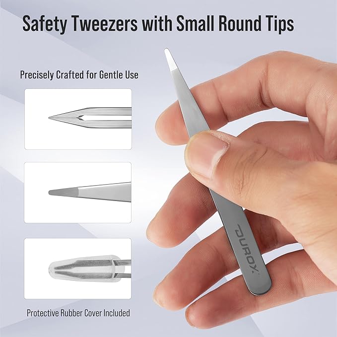 DUROX Round-Tip Tweezers — Gentle Chin & Facial Hair Removal for Women. Precision tweezers with small rounded/blunt tips for safe brow shaping and chin hair removal. Made of Stainless Steel