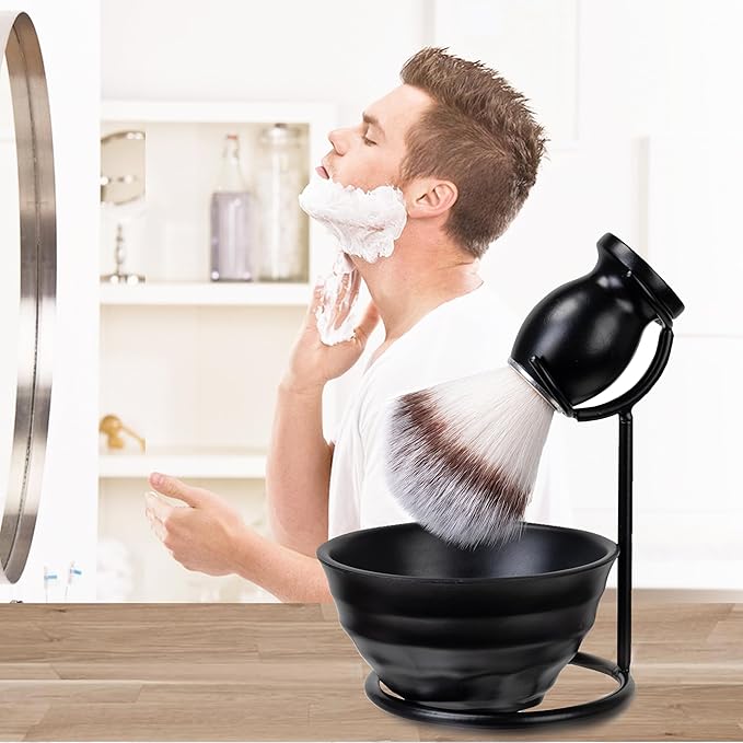 Shaving Brush Set for Men, 3in1 Shaving Set includes Synthetic Shaving Brush with Steel Stand and Resin Bowl (3pcs)