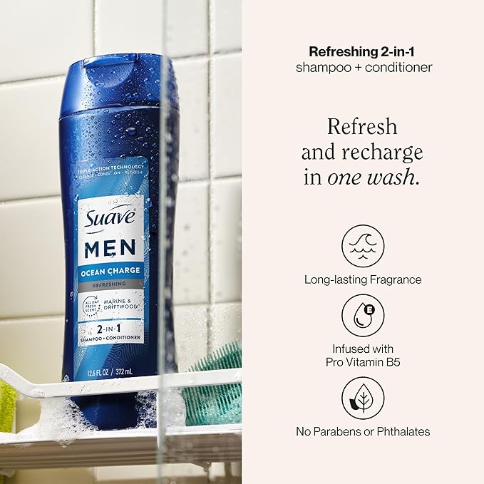 Suave Men Ocean Charge 2 in 1 Refreshing Shampoo & Conditioner with Pro Vitamin B5, Hydrates & Revitalizes Hair, Ocean Fresh Scent, 6 Count, 12.6 FL OZ