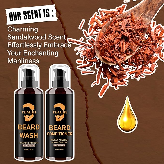 Beard Wash and Conditioner & Silicone Beard Brush Set w/Argan & Jojoba Oils - Reduce Beard Itchy, Dandruff, Beard Shampoo, Softens & Strengthens & Shine - 2 x 4 Fl Oz 120ML