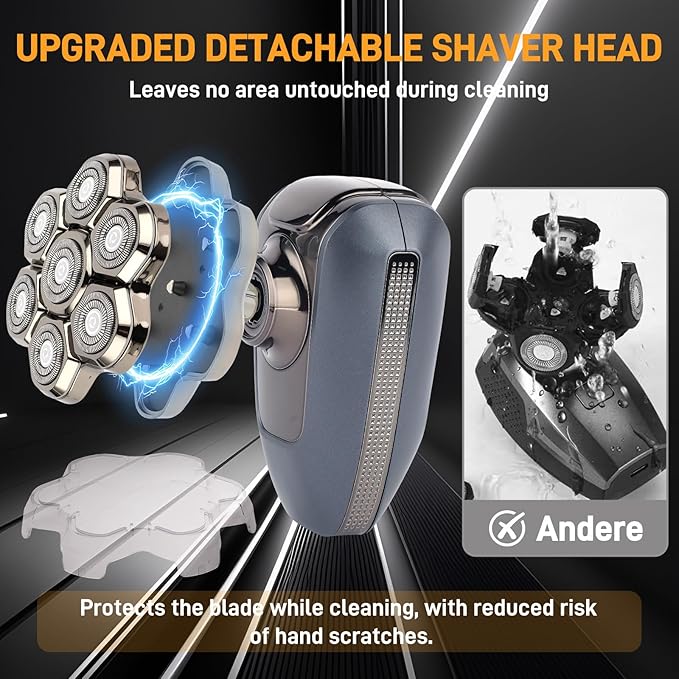 Head Shaver for Bald Men, 7D Electric Rotary Razor 5-in-1 Grooming Kit with Nose Hair Trimmer, Sideburn Clipper & Facial Brush, USB Rechargeable Wet & Dry IPX6 Waterproof Shaver with LED Display