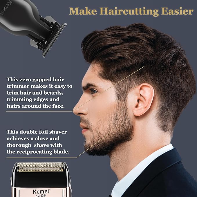 KEMEI Hair Trimmer for Men Professional & Waterproof Foil Shaver with Replaceable Foil Mesh, Zero Gapped Hair Clippers, Cordless Electric Razor for Men, Mens Grooming Shaving Kit, KM 2299, KM 2024